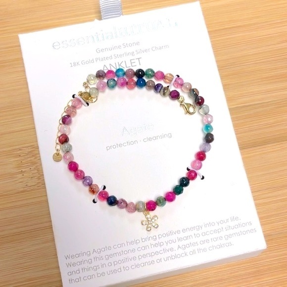 Essential Ritual Genuine Stone 18k Gold Plated Sterling Silver Charm Anklet - Picture 1 of 15